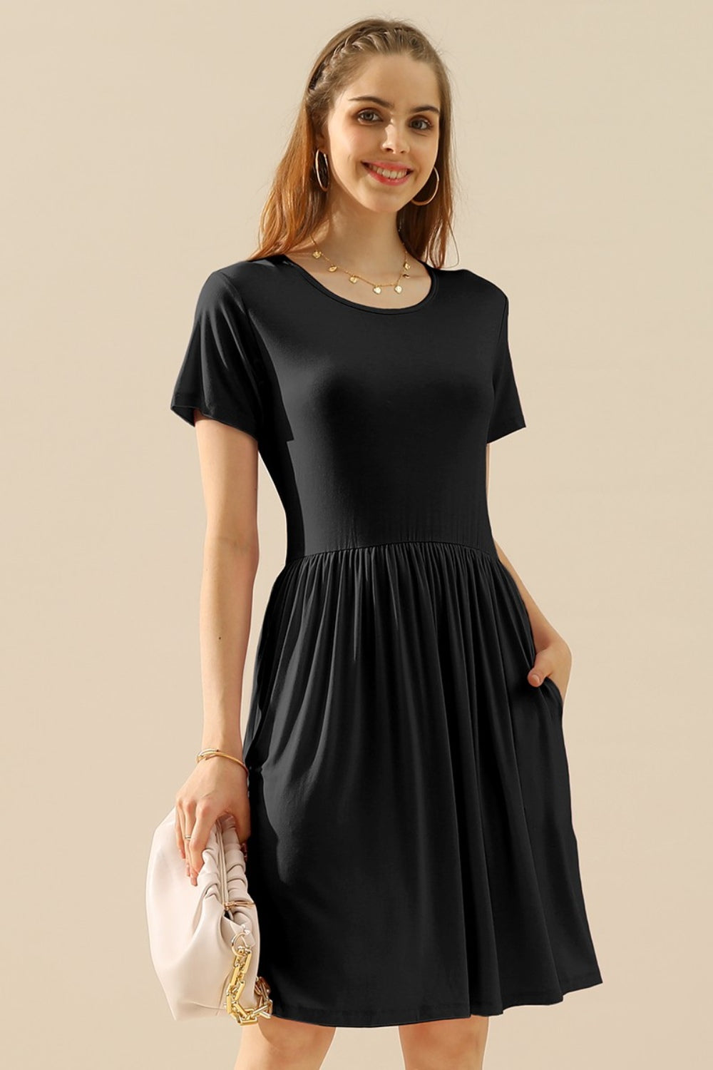 Ninexis Full Size Round Neck Ruched Women Dress with Pockets