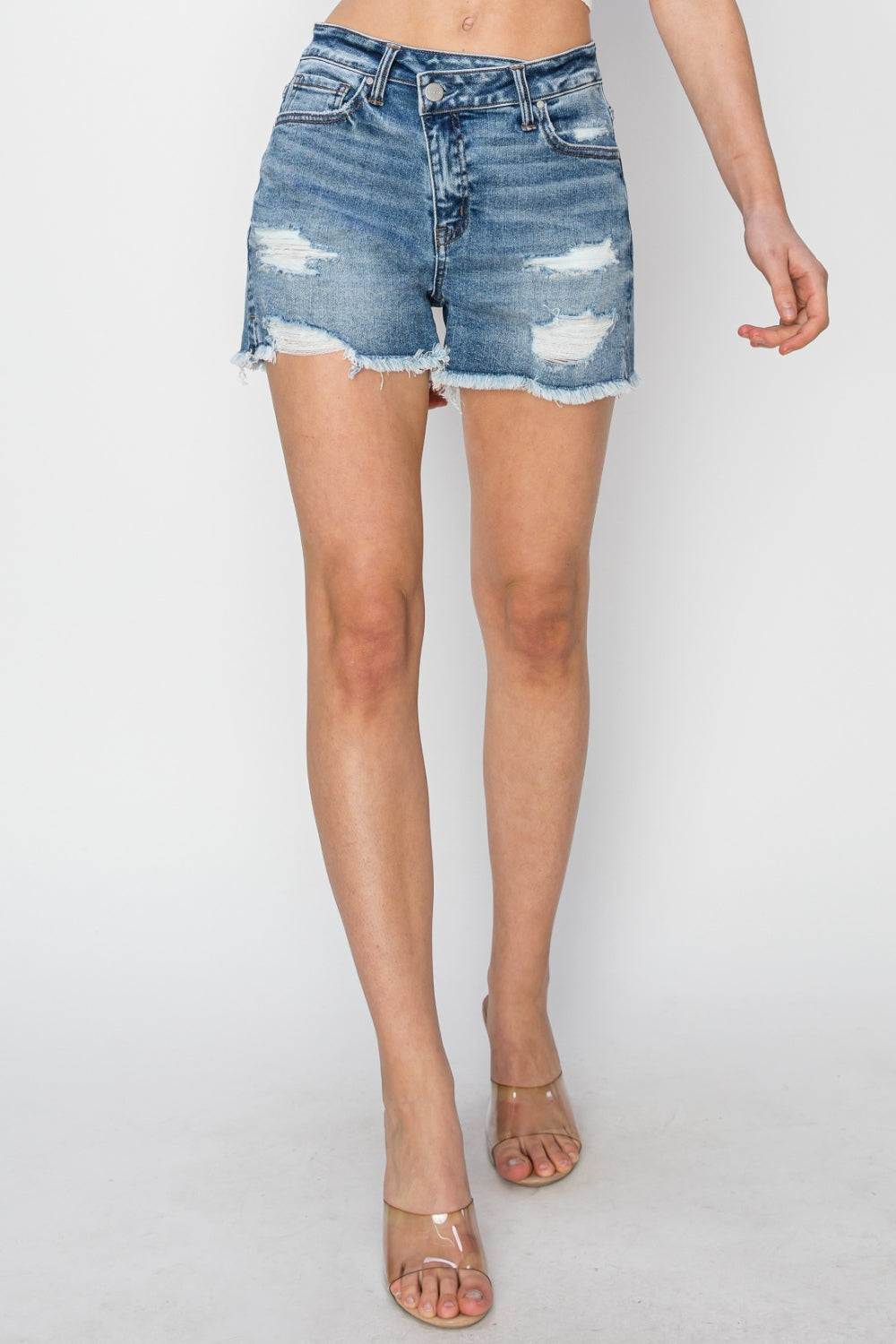 RISEN Stepped Waist Frayed Denim Women Shorts