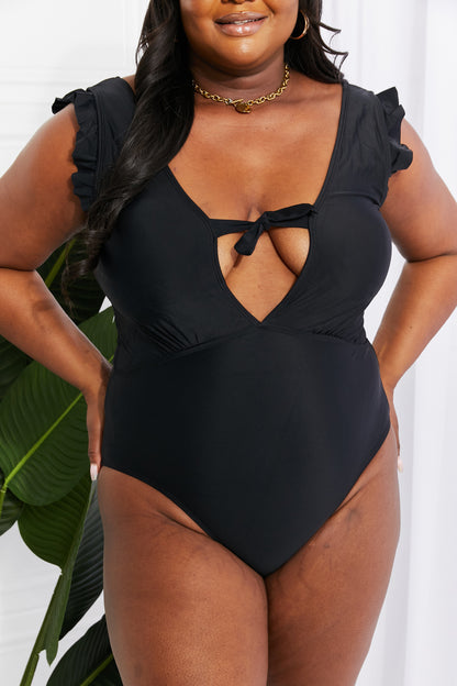 Marina West Swim Seashell Ruffle Sleeve Women One-Piece in Black