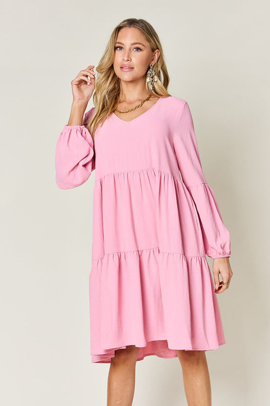 Double Take Full Size V-Neck Balloon Sleeve Tiered Women Dress with Pockets