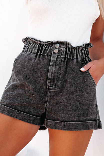 Paperbag Waist Denim Women Shorts with Pockets