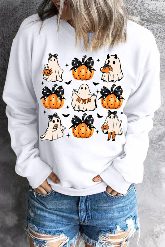 Pumpkin & Ghost Round Neck Long Sleeve Women Sweatshirt