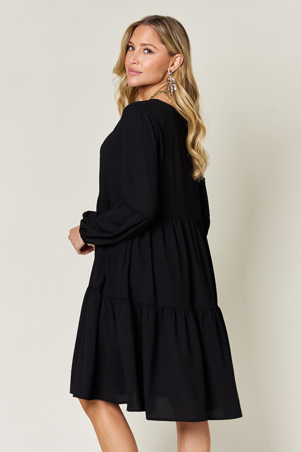 Double Take Full Size V-Neck Balloon Sleeve Tiered Women Dress with Pockets