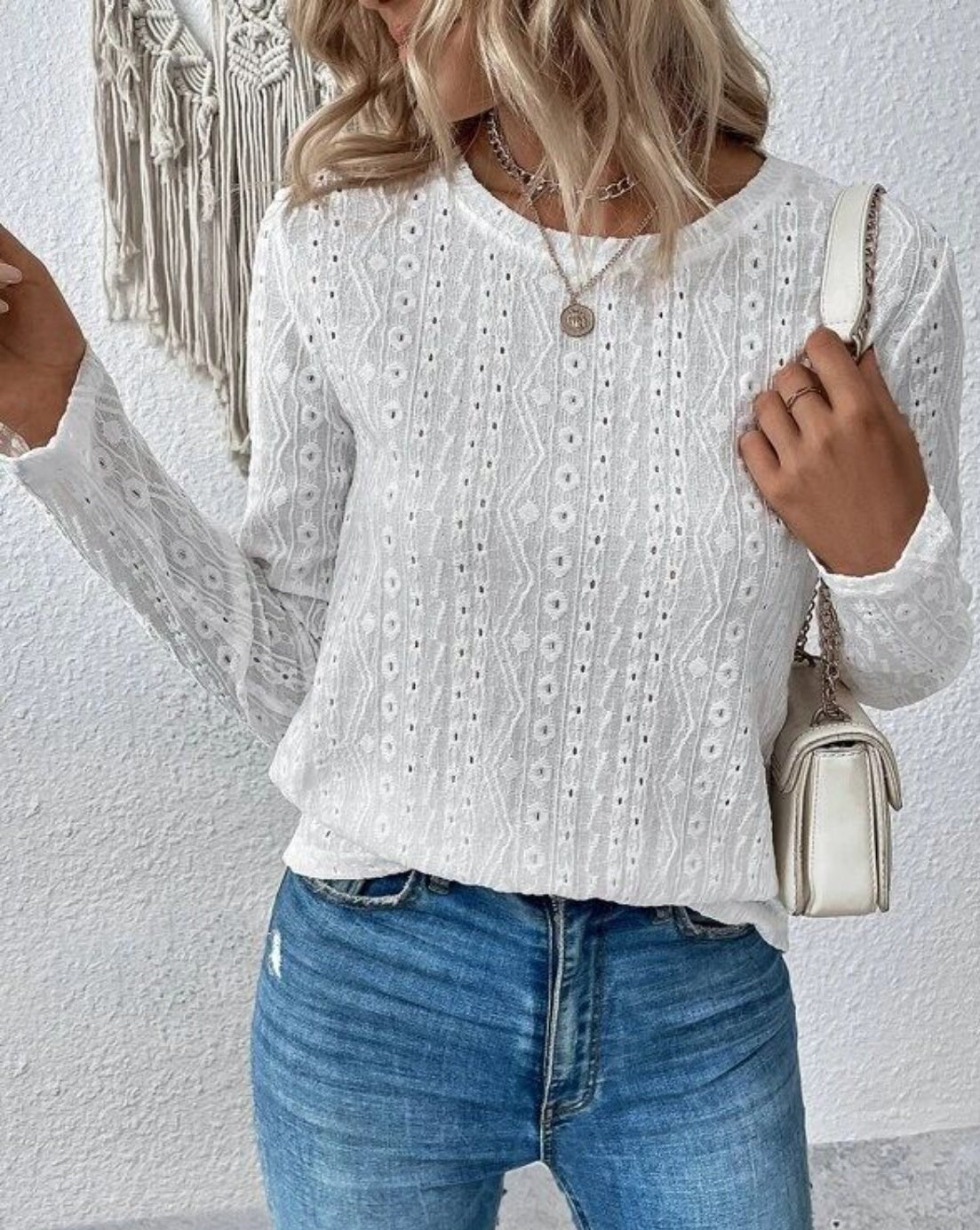 Eyelet Round Neck Long Sleeve Women Blouse