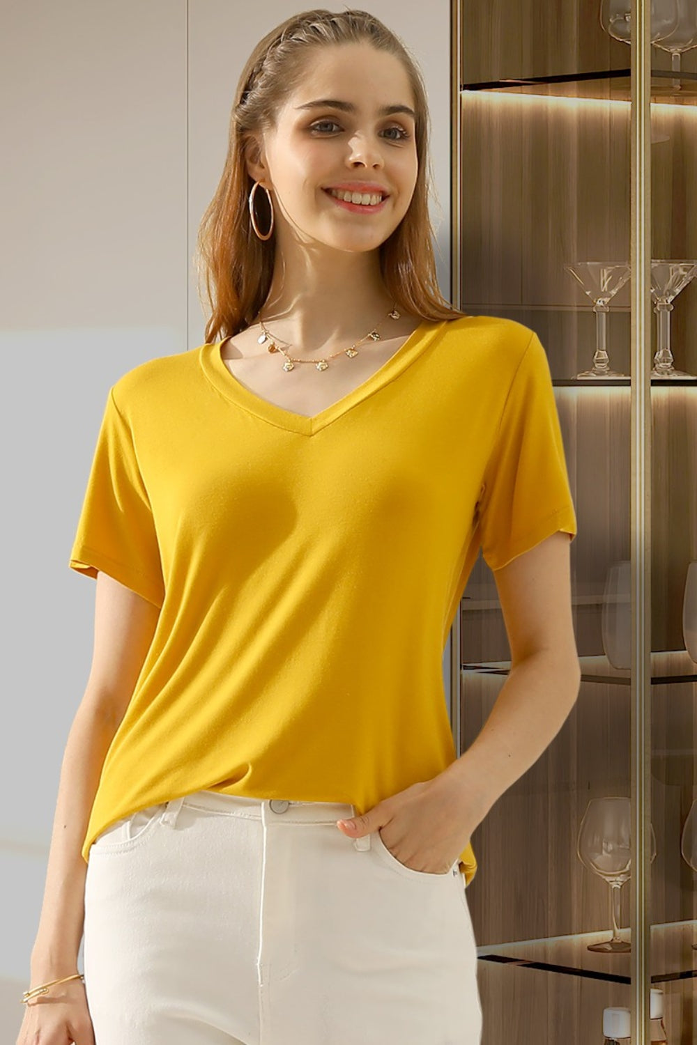 Ninexis Full Size V-Neck Short Sleeve Women T-Shirt