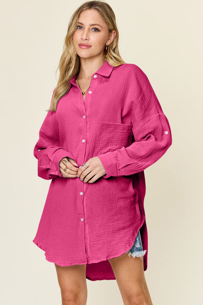 Double Take Full Size Pocketed Texture Button Up Cotton Shirt