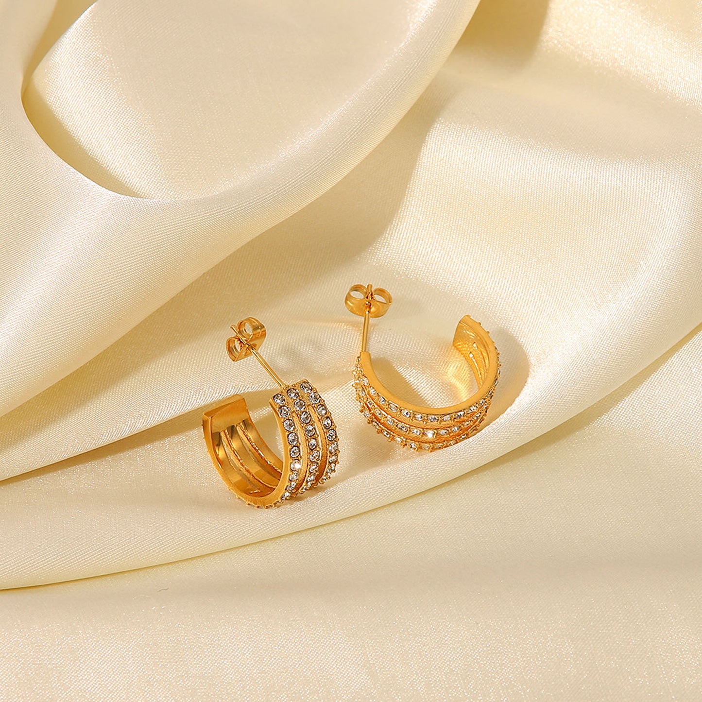 Stainless Steel Inlaid Zircon C-Hoop Women Earrings