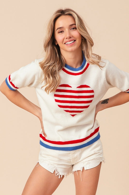 BiBi US Flag Theme Striped Heart Women Sweater