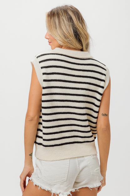 BiBi Flower Patch Striped Half Button Women Sweater Vest