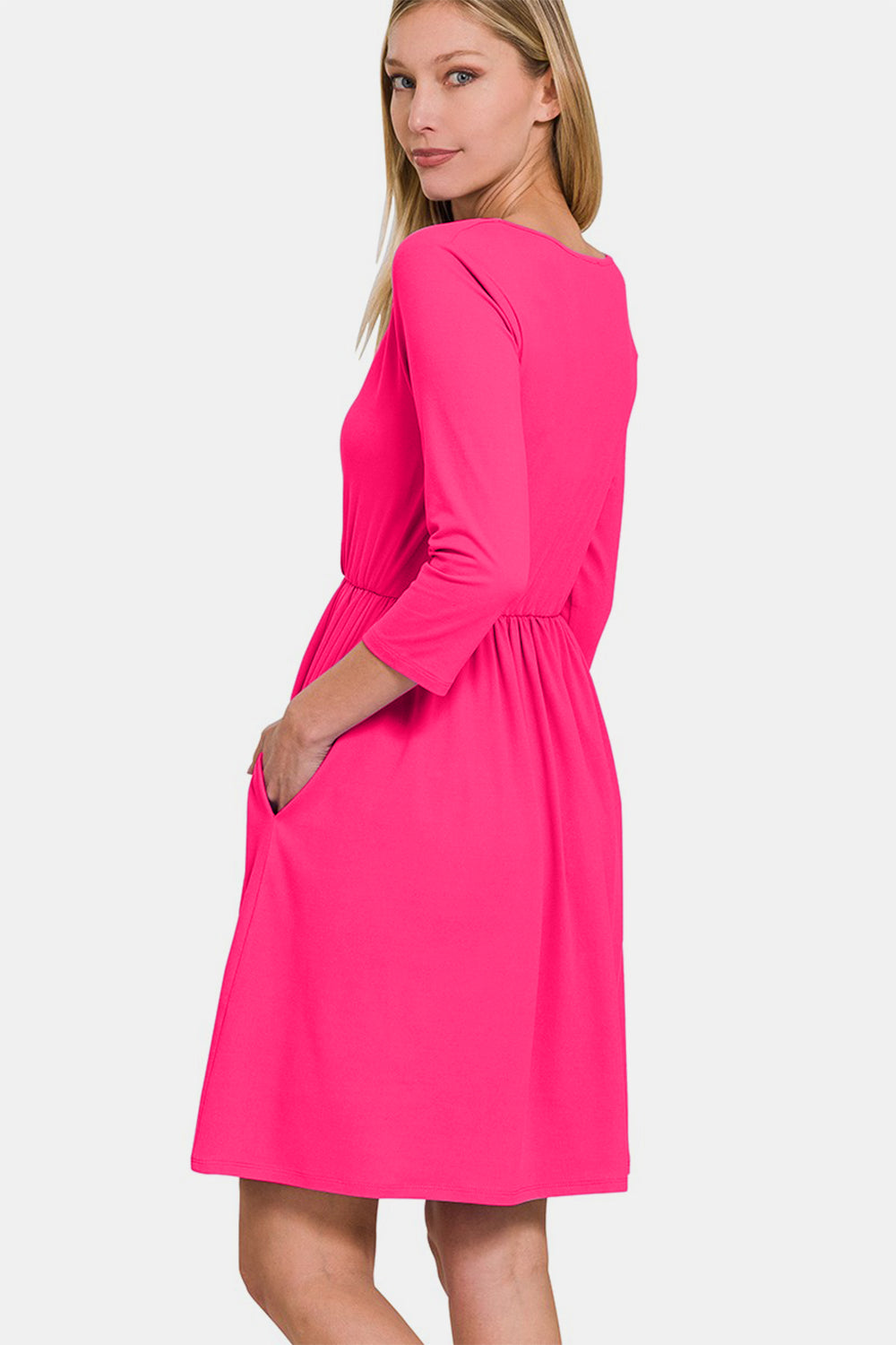 Zenana Three-Quarter Sleeve Surplice Women Dress with Pockets