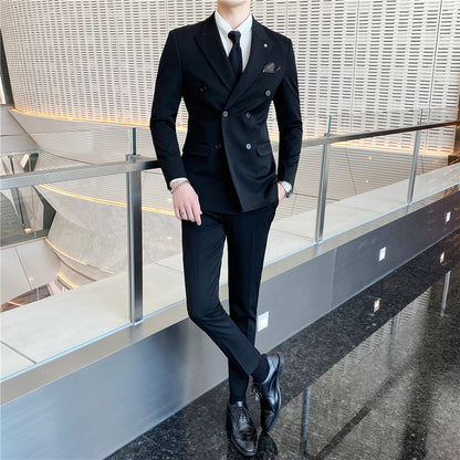 Spring Men's Business Fashion Suit Set - Solid Color, Double Buckle, Three-Piece, Four Seasons Dress