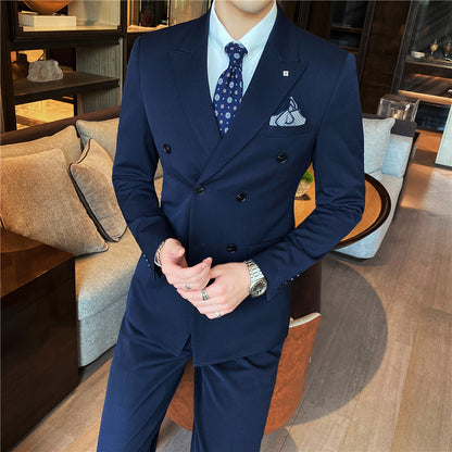 Spring Men's Business Fashion Suit Set - Solid Color, Double Buckle, Three-Piece, Four Seasons Dress