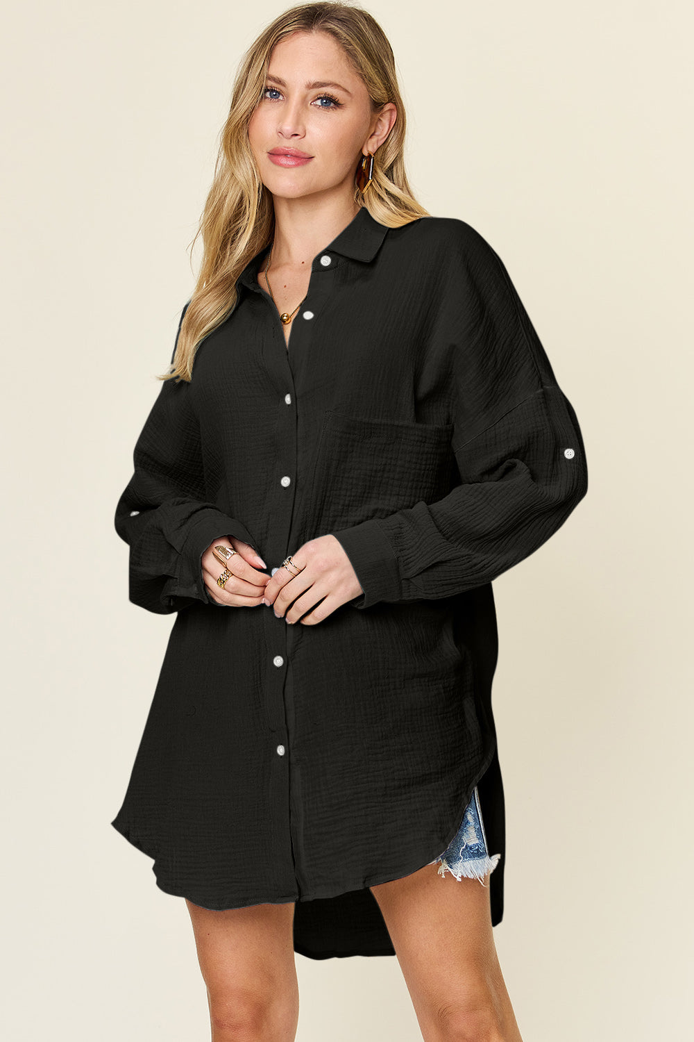 Double Take Full Size Pocketed Texture Button Up Cotton Shirt