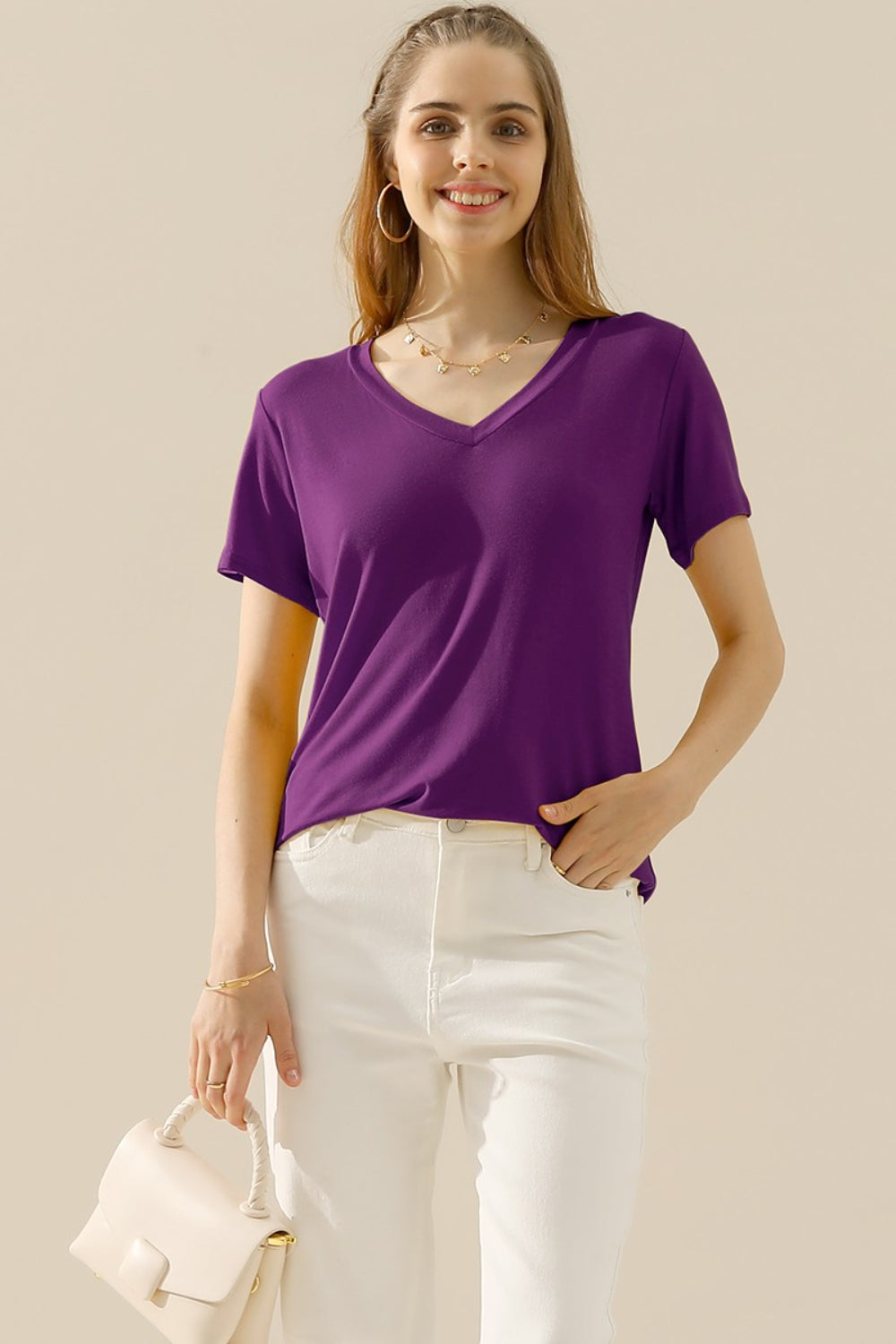 Ninexis Full Size V-Neck Short Sleeve Women T-Shirt