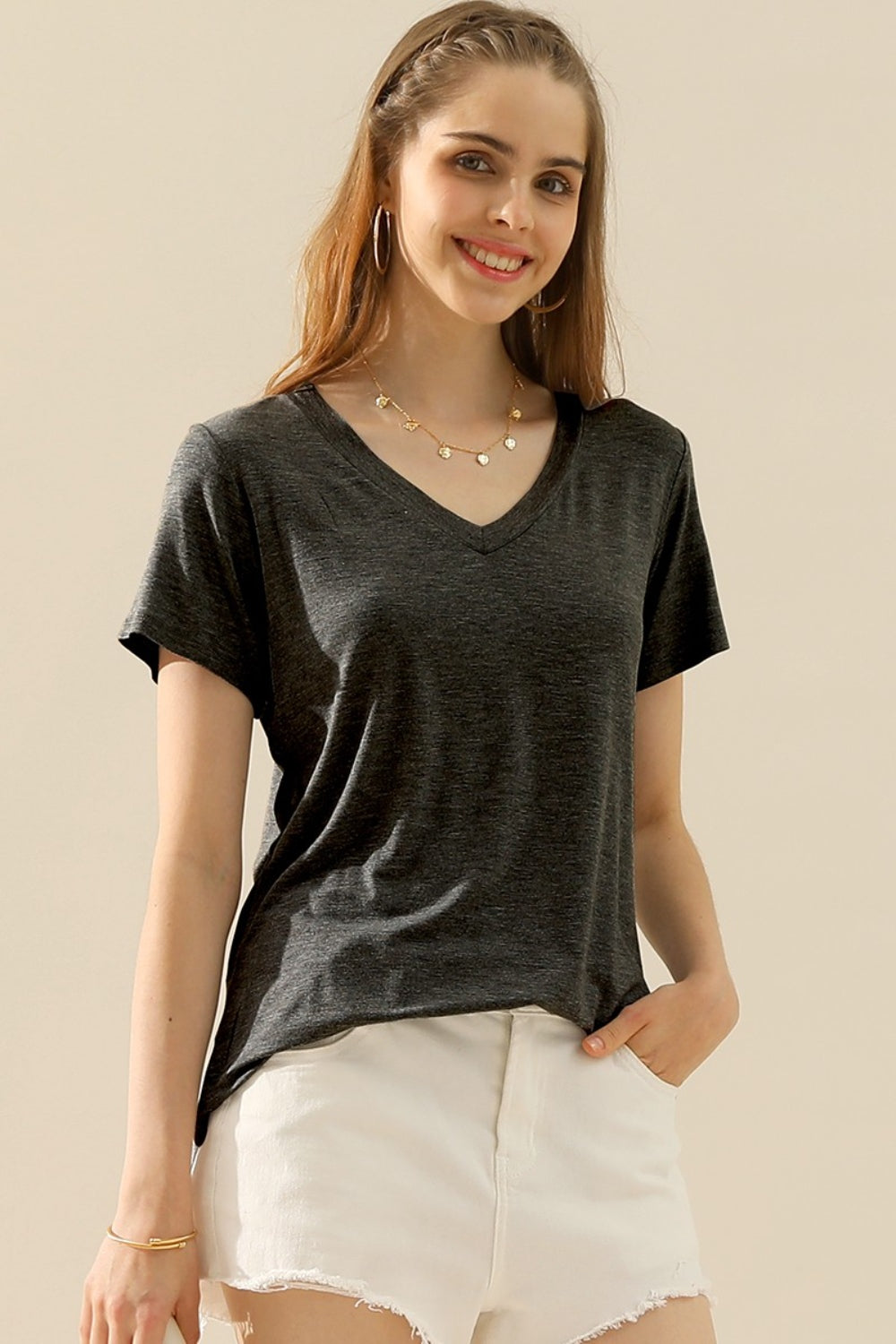 Ninexis Full Size V-Neck Short Sleeve Women T-Shirt