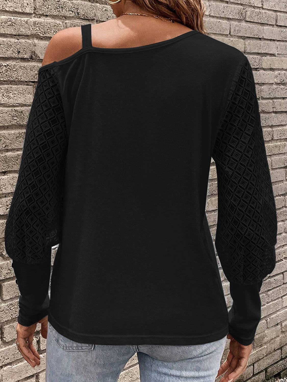 Asymmetrical Neck Lace Long Sleeve Women T-Shirt