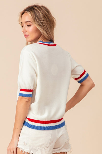 BiBi US Flag Theme Striped Heart Women Sweater