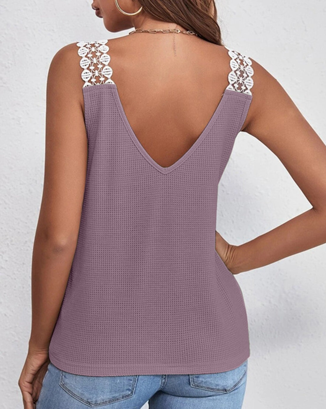 Lace Detail Waffle-Knit V-Neck Women Tank