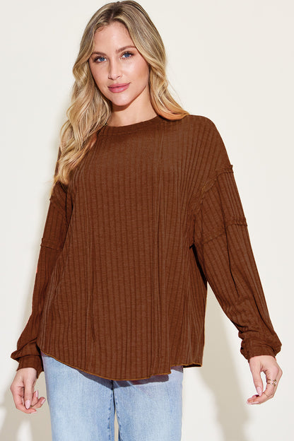 Basic Bae Full Size Ribbed Round Neck Long Sleeve Women T-Shirt