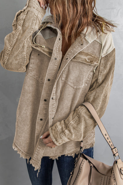 Womens Corduroy Shacket Jacket Long Sleeve Raw Hem Drawstring Button Down Casual Hooded Coat