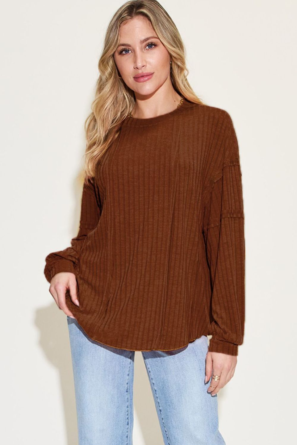 Basic Bae Full Size Ribbed Round Neck Long Sleeve Women T-Shirt