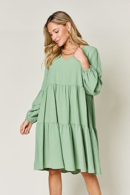 Double Take Full Size V-Neck Balloon Sleeve Tiered Women Dress with Pockets