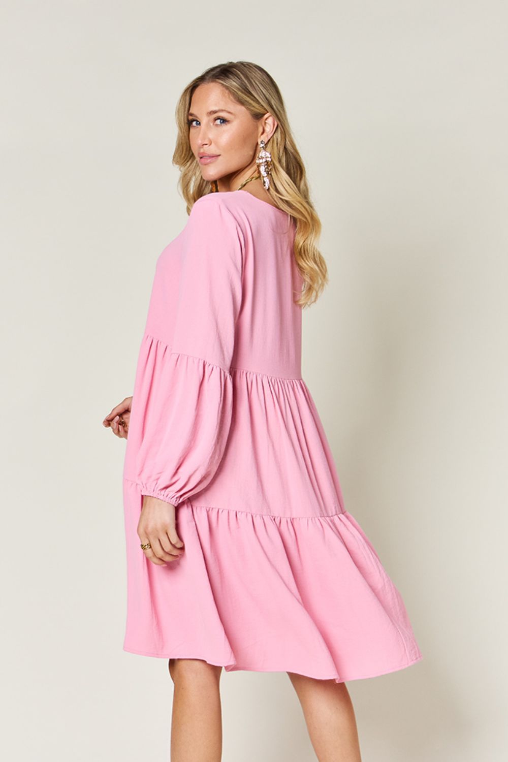 Double Take Full Size V-Neck Balloon Sleeve Tiered Women Dress with Pockets