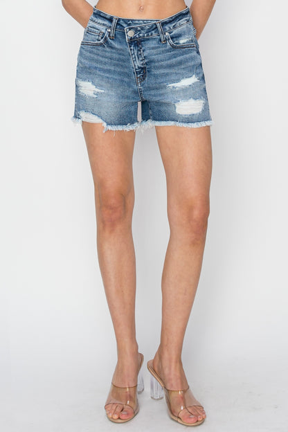 RISEN Stepped Waist Frayed Denim Women Shorts