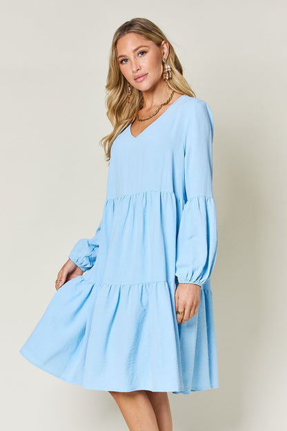 Double Take Full Size V-Neck Balloon Sleeve Tiered Women Dress with Pockets