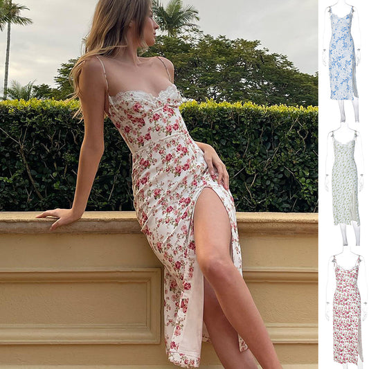 Lace Flowers Print Sexy Fashion Slit Suspender Women Long Summer Dress