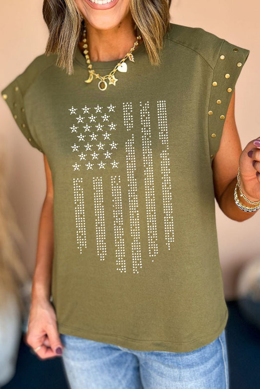 Rhinestone US Flag Round Neck Cap Sleeve Women T-Shirt