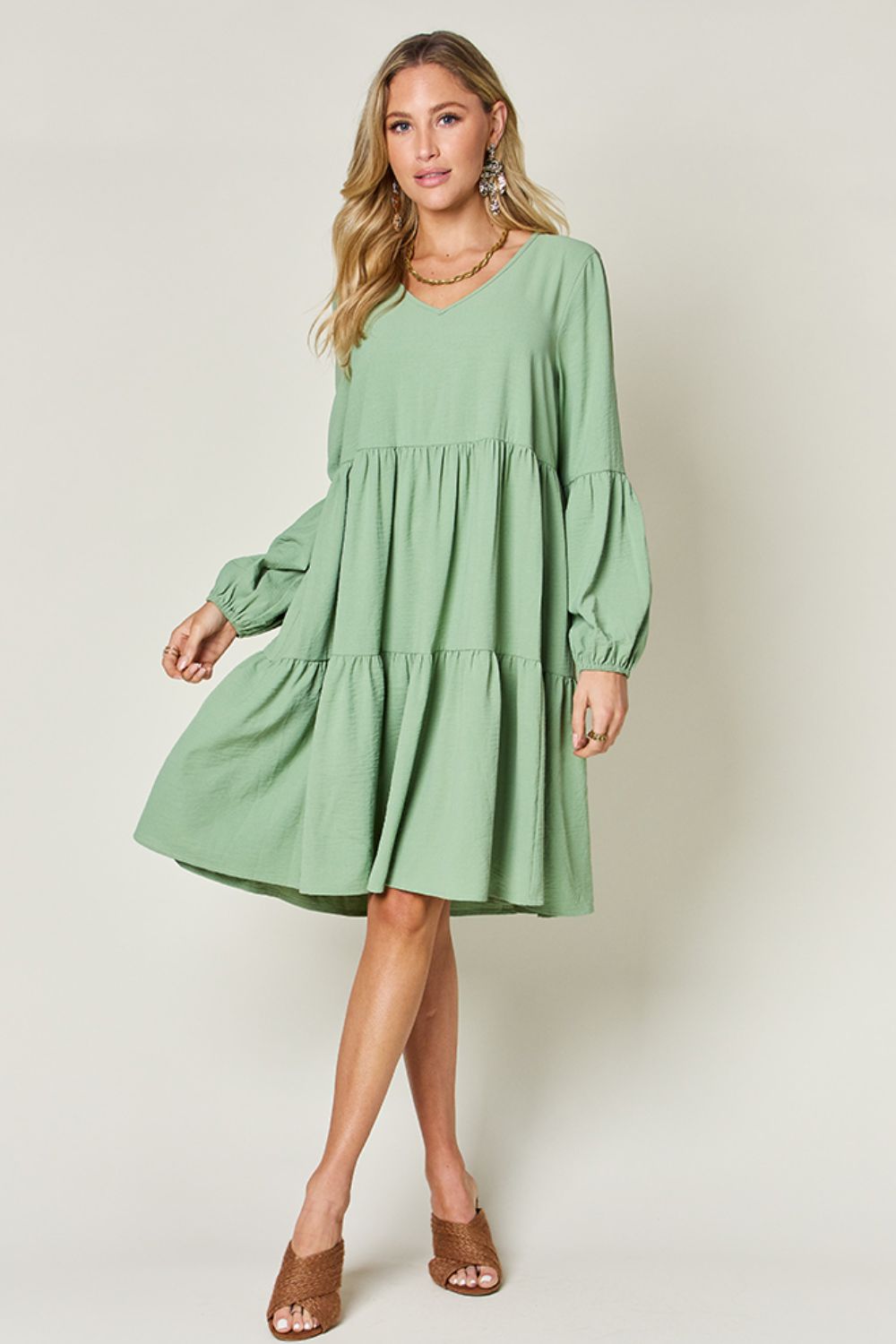 Double Take Full Size V-Neck Balloon Sleeve Tiered Women Dress with Pockets