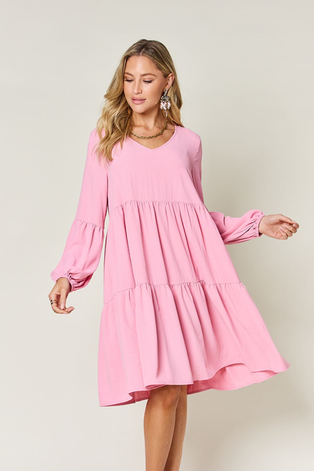 Double Take Full Size V-Neck Balloon Sleeve Tiered Women Dress with Pockets