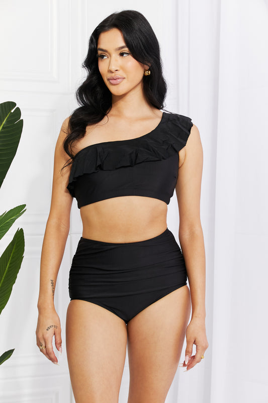 Marina West Swim Seaside Romance Ruffle One-Shoulder Women Bikini in Black