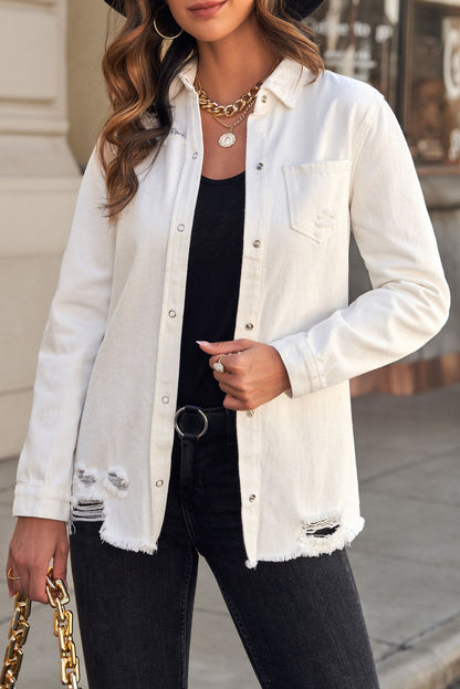 Distressed Snap Down Denim Women Jacket