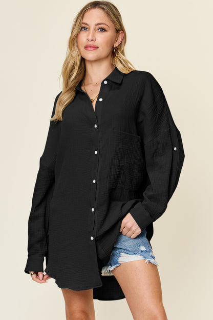 Double Take Full Size Pocketed Texture Button Up Cotton Shirt