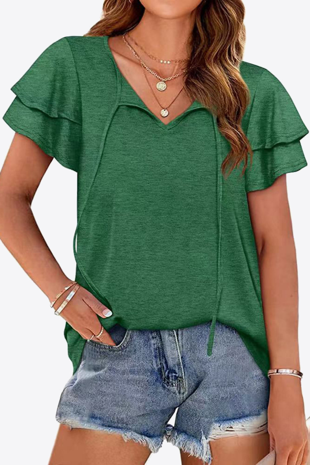 Tie-Neck Layered Flutter Sleeve Blouse