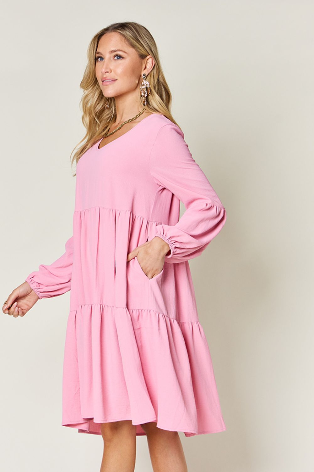 Double Take Full Size V-Neck Balloon Sleeve Tiered Women Dress with Pockets