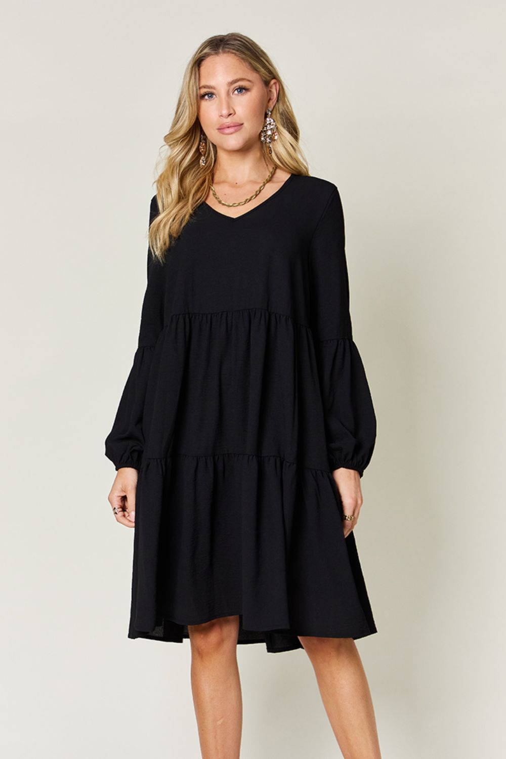 Double Take Full Size V-Neck Balloon Sleeve Tiered Women Dress with Pockets