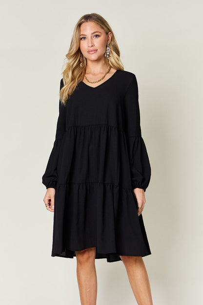 Double Take Full Size V-Neck Balloon Sleeve Tiered Women Dress with Pockets