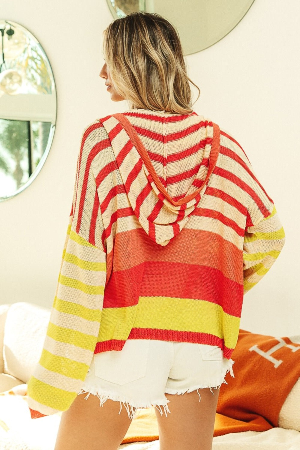 BiBi Striped Color Block Hooded Knit Women Top