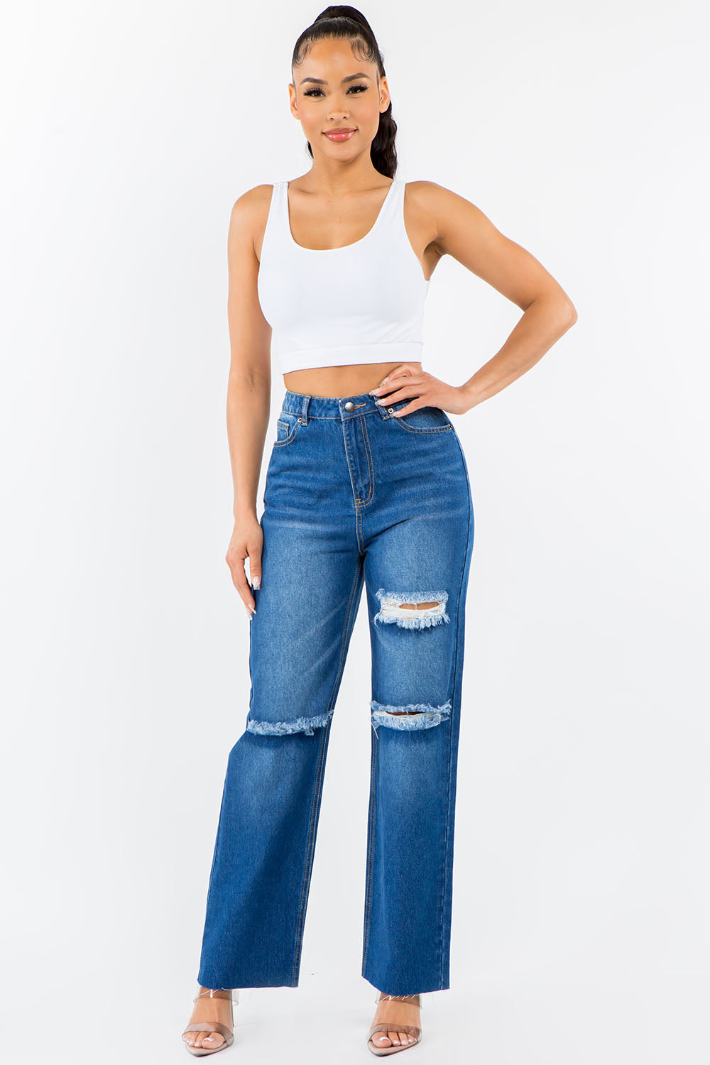 American Bazi High Waist Distressed Wide Leg Women Jeans