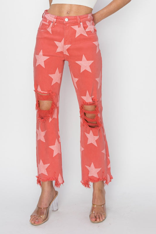 RISEN Full Size Distressed Raw Hem Star Pattern Women Jeans