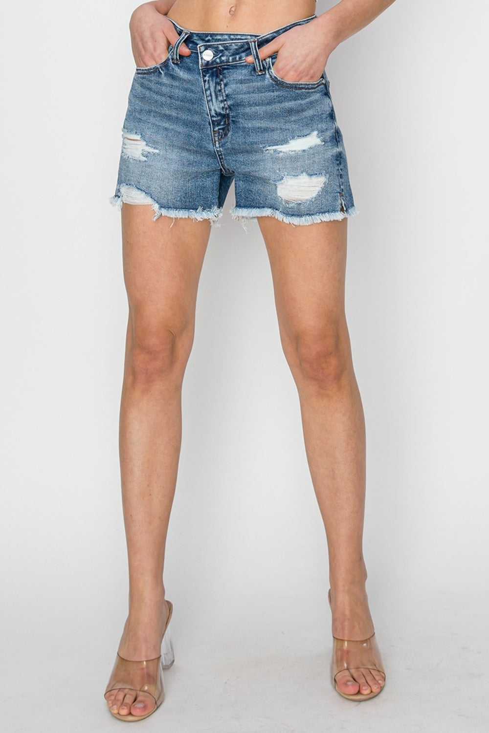 RISEN Stepped Waist Frayed Denim Women Shorts