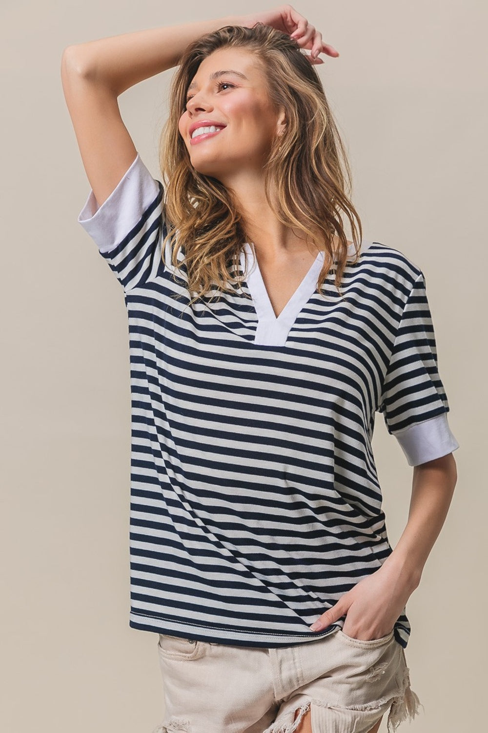 BiBi Contrast Striped Notched Knit Women Top