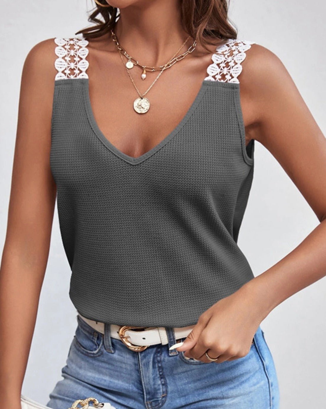 Lace Detail Waffle-Knit V-Neck Women Tank