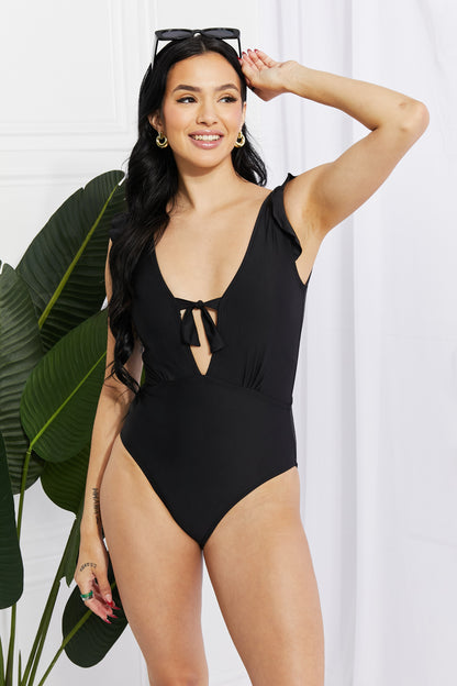 Marina West Swim Seashell Ruffle Sleeve Women One-Piece in Black