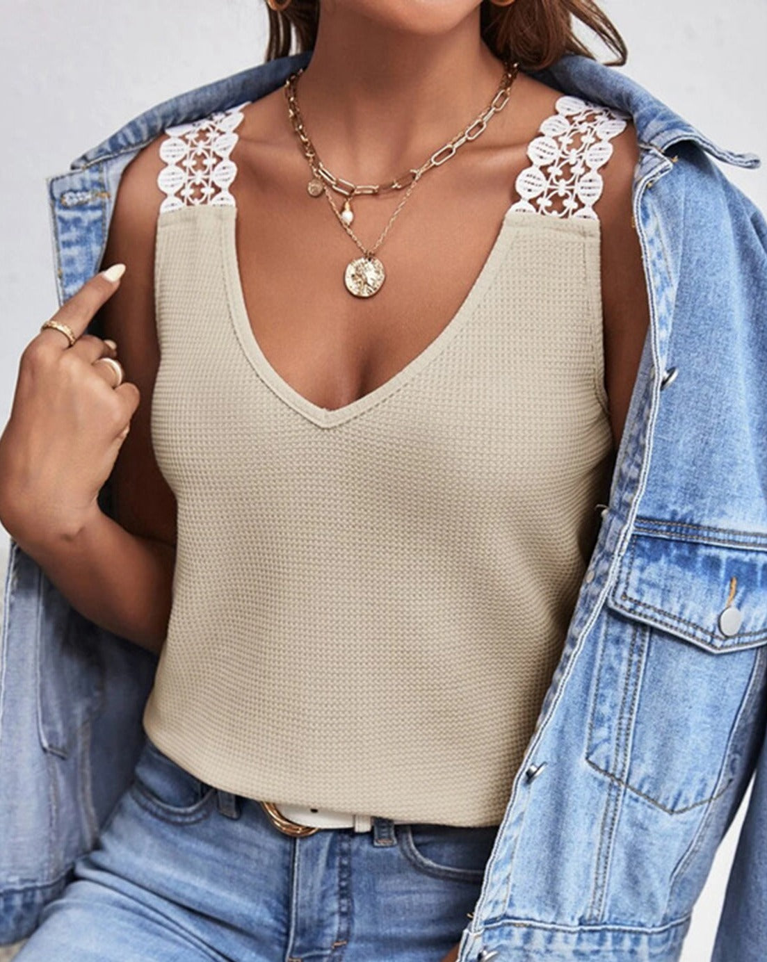 Lace Detail Waffle-Knit V-Neck Women Tank