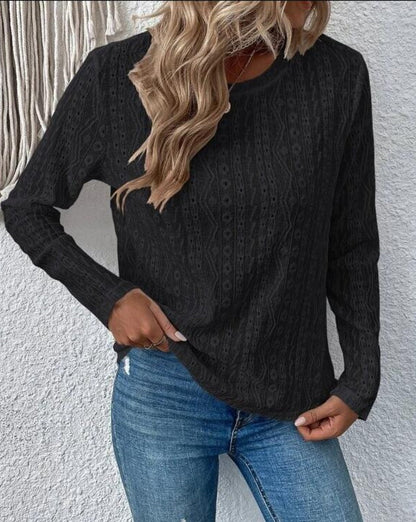 Eyelet Round Neck Long Sleeve Women Blouse