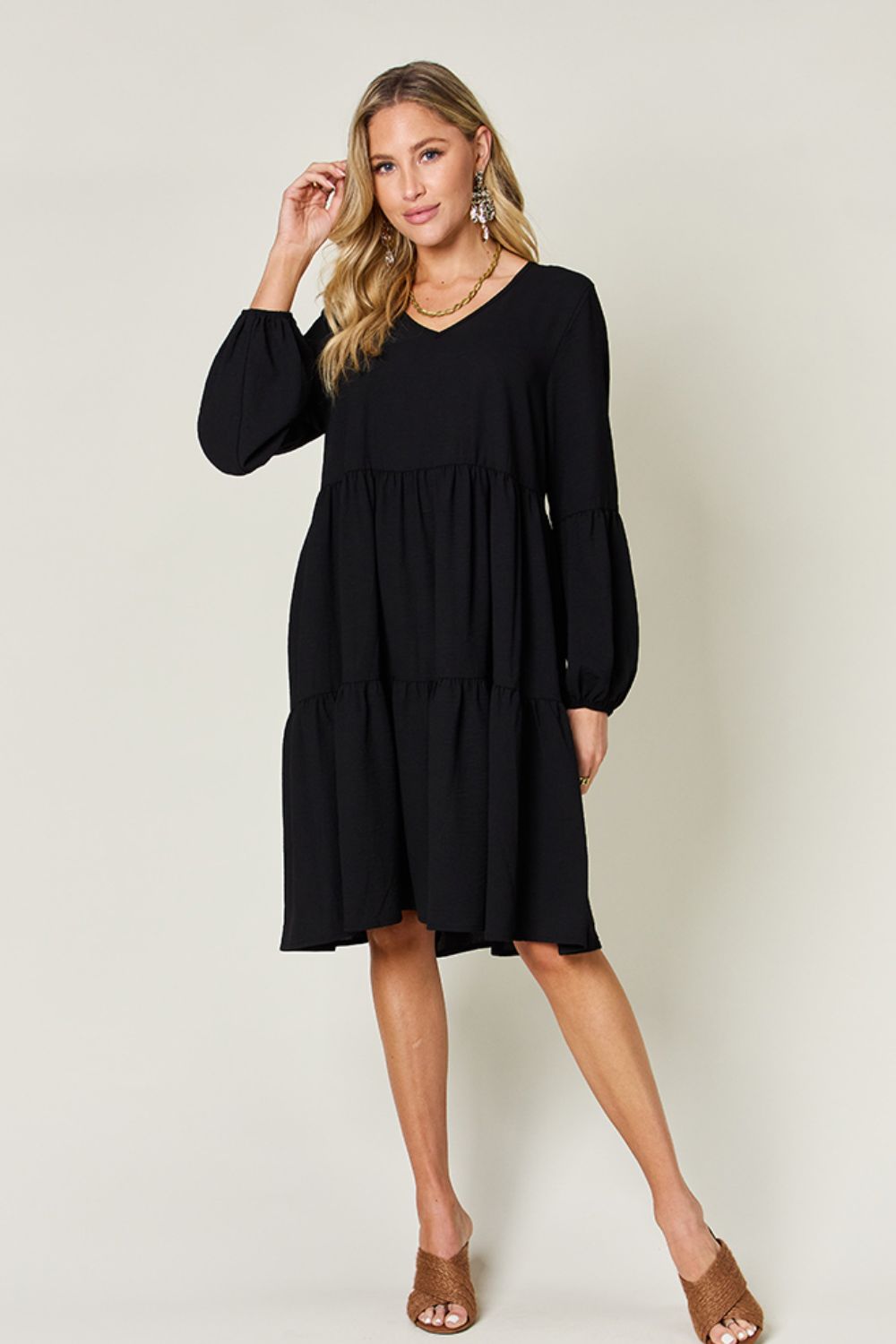 Double Take Full Size V-Neck Balloon Sleeve Tiered Women Dress with Pockets